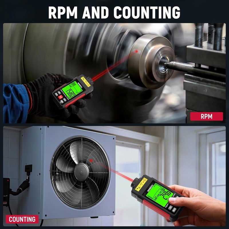 KAIWEETS Non Contact RPM Tachometer with Reflection Tape, 10-99999 RPM High Accuracy Laser Digital Tachometer with Large LCD, RPM Meter with Backlight, Data Hold, and Max/Min/AVG Function - Image 2